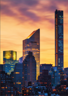 Ilustración digital Atardecer Dorado en Manhattan